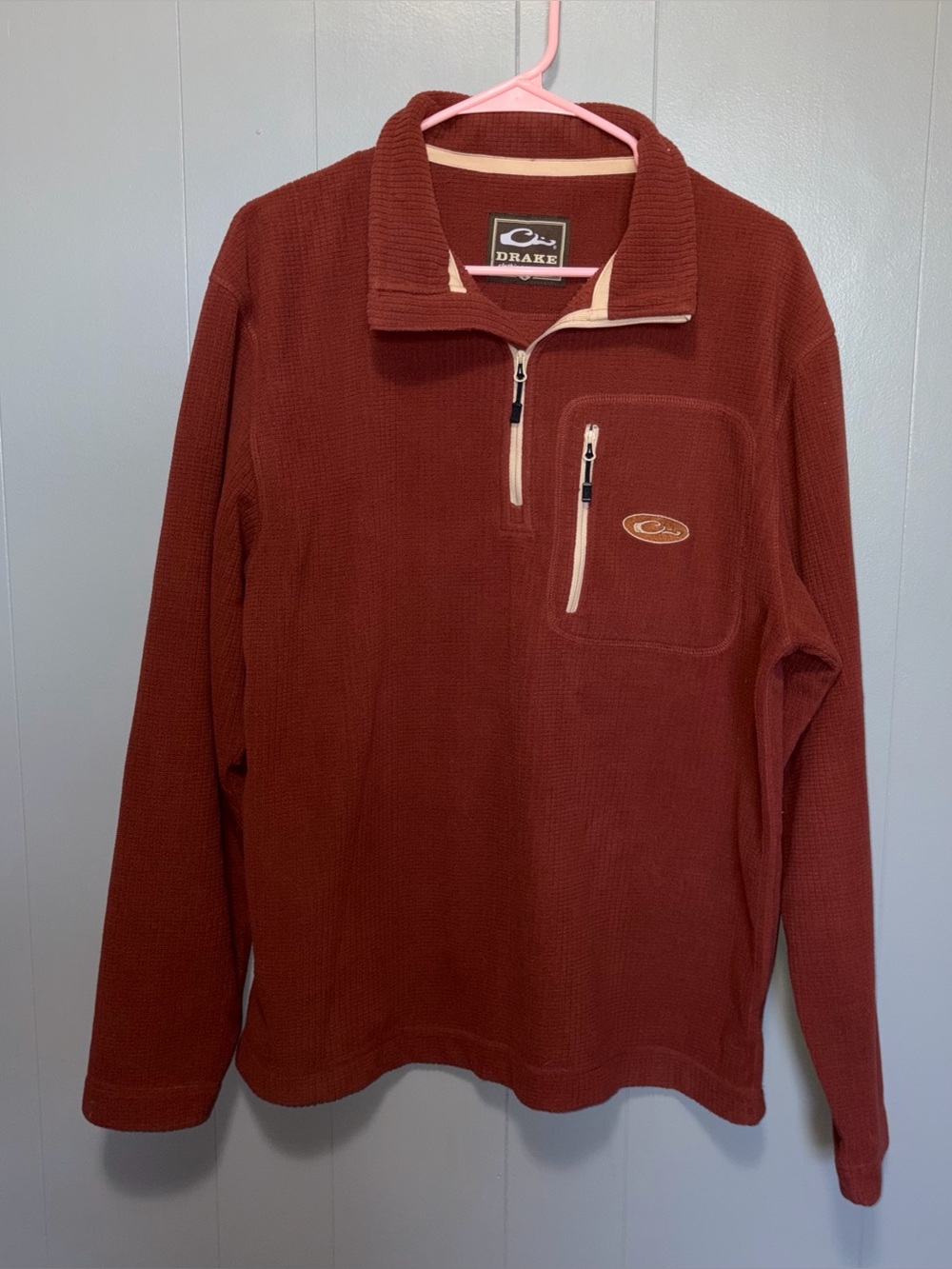Drake Waterfowl Square Check Brick Red Camp Fleece 1/4 Zip Pullover Large